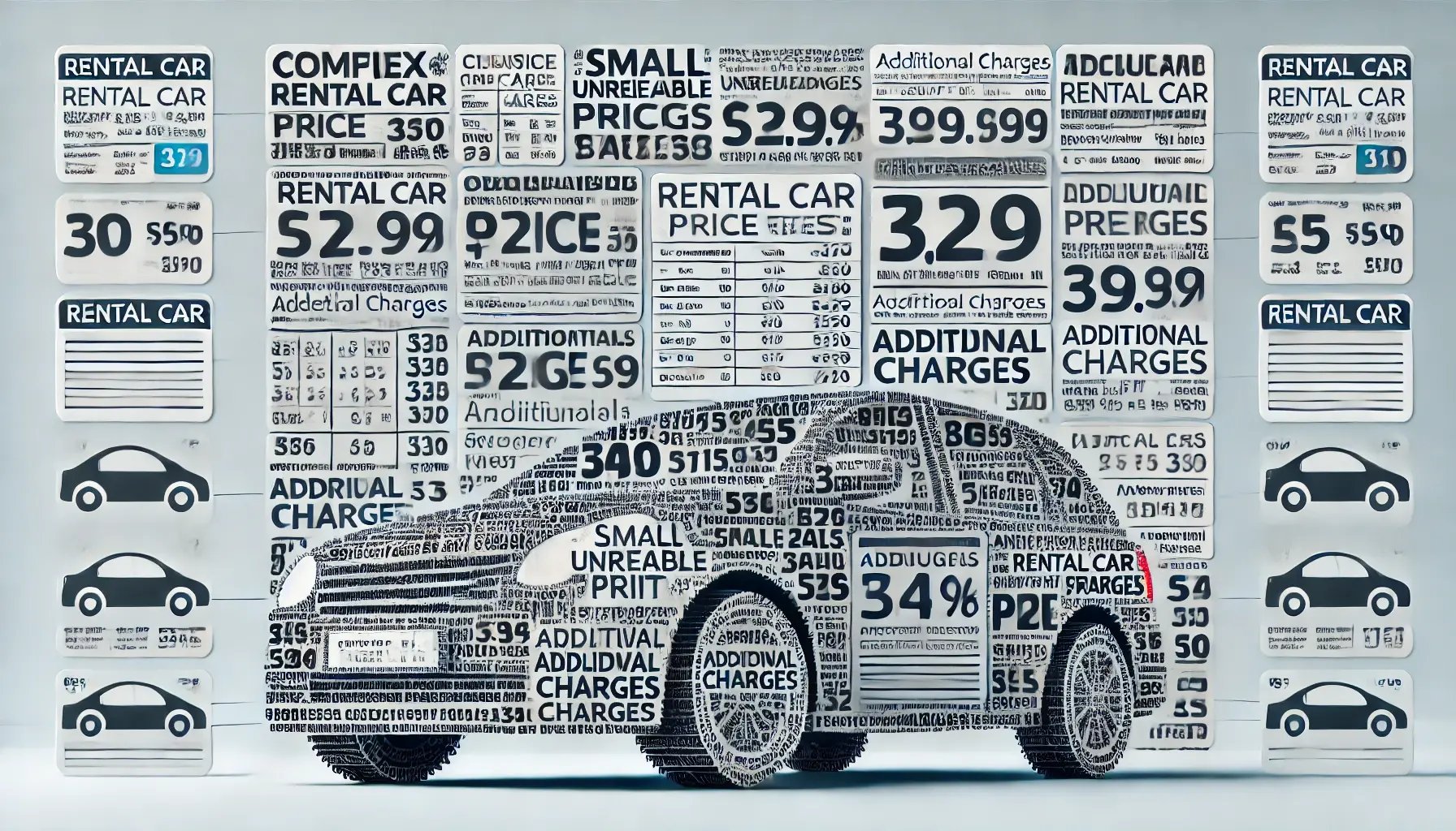 DALL·E 2024-08-15 22.05.54 - A realistic and minimalistic horizontal image that illustrates the confusion of complex rental car tariffs. The image should depict a cluttered presen